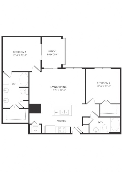 Floor plan for 2 beds, 2 baths, 1135 sqft